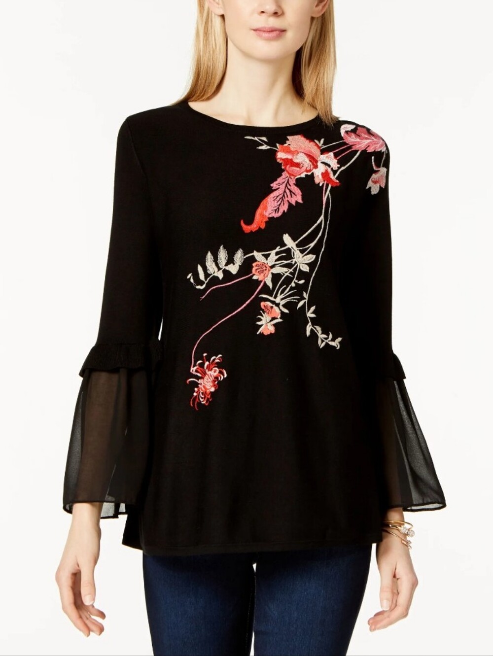 Alfani Black Top with Pink and Red Floral Embroidery And Bell Sleeves 0059